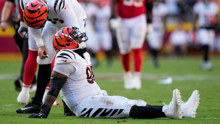 Cincinnati Bengals defensive tackle Sheldon Rankins (98) remains down after a play before heading to the locker room early in the fourth quarter of the NFL Week 2 game between the Kansas City Chiefs and the Cincinnati Bengals at Arrowhead Stadium in Kansas City on Sunday, Sept. 15, 2024. The Chiefs took a 26-25 win with a go-ahead field goal as time expired.