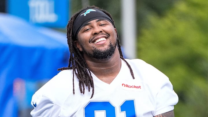 Detroit Lions defensive tackle Tyleik Williams (91) walks off the field after practice during training camp at Meijer Performance Center in Allen Park on Sunday, July 20, 2025.