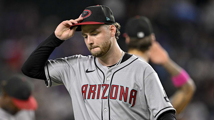 Aug 11, 2025; Arlington, Texas, USA; Arizona Diamondbacks starting pitcher Ryne Nelson (19) during the game between the Texas Rangers and the Arizona Diamondbacks at Globe Life Field. Mandatory Credit: Jerome Miron-Imagn Images