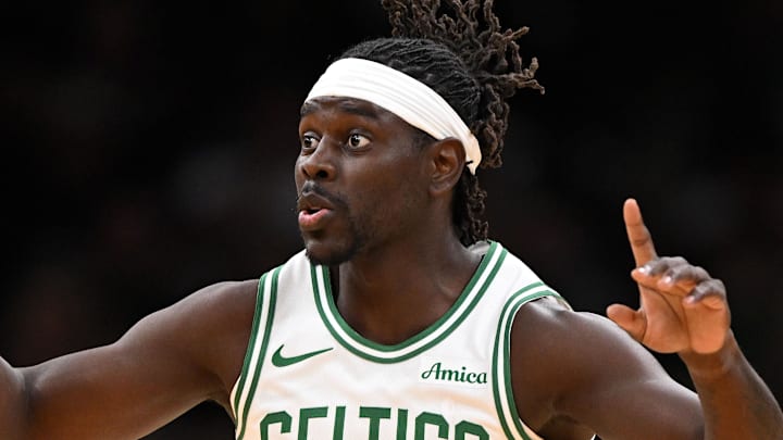 Oct 12, 2024; Boston, Massachusetts, USA; Boston Celtics guard Jrue Holiday (4)] reacts after scoring against the Philadelphia 76ers during the first half at the TD Garden. Mandatory Credit: Brian Fluharty-Imagn Images