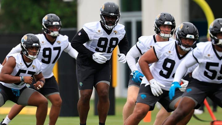 Jacksonville Jaguars defensive tackle Albert Regis (98) warms up during rookie minicamp at the Miller Electric Center, Saturday, May 9, 2026 in Jacksonville, Fla. Today was the second of a three day camp concluding Sunday.