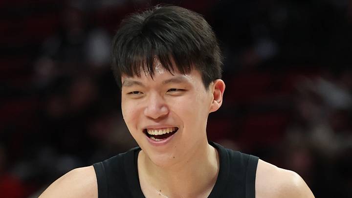 Portland Trail Blazers center Yang Hansen reacts after scoring against the Brooklyn Nets during the second half at Moda Center. Portland Trail Blazers center Yang Hansen reacts after scoring against the Brooklyn Nets during the second half at Moda Center.