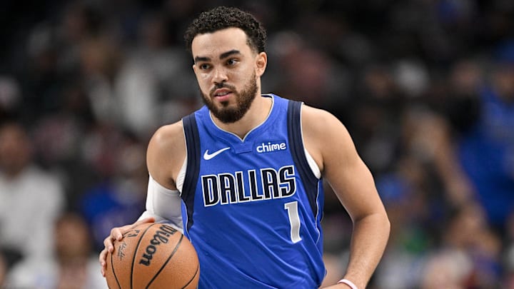Feb 26, 2026; Dallas, Texas, USA; Dallas Mavericks guard Tyus Jones (1) brings the ball up court against the Sacramento Kings during the second quarter at the American Airlines Center. Mandatory Credit: Jerome Miron-Imagn Images