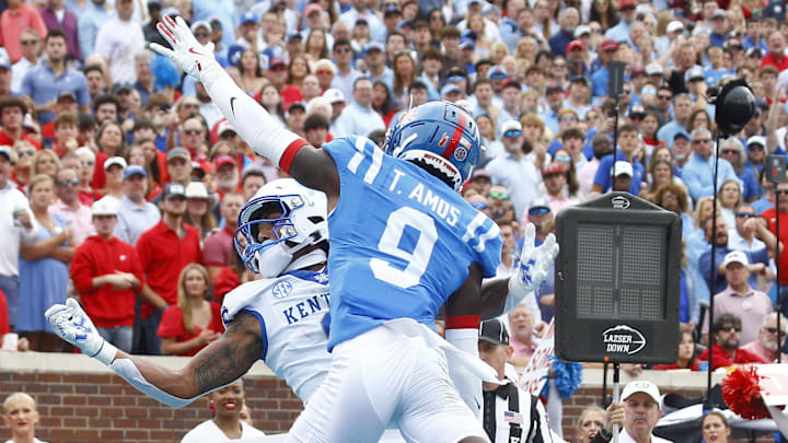 Sep 28, 2024; Oxford, Mississippi, USA; Mississippi Rebels defensive back Trey Amos (9) breaks up a pass intended for Kentucky Wildcats wide receiver Dane Key (6) during the first half at Vaught-Hemingway Stadium. Mandatory Credit: Petre Thomas-Imagn Images