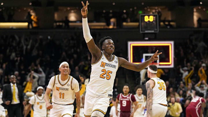 Jan 24, 2026; Columbia, Missouri, USA; Missouri Tigers forward Mark Mitchell (25) celebrates after a buzzer beater to defeat the Oklahoma Sooners in overtime at Mizzou Arena. Mandatory Credit: Jay Biggerstaff-Imagn Images