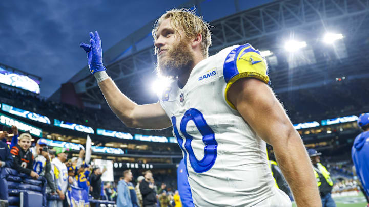 Nov 3, 2024; Seattle, Washington, USA; Los Angeles Rams wide receiver Cooper Kupp (10) waves to fans following an overtime victory against the Seattle Seahawks at Lumen Field. Mandatory Credit: Joe Nicholson-Imagn Images Nov 3, 2024; Seattle, Washington, USA; Los Angeles Rams wide receiver Cooper Kupp (10) waves to fans following an overtime victory against the Seattle Seahawks at Lumen Field. Mandatory Credit: Joe Nicholson-Imagn Images