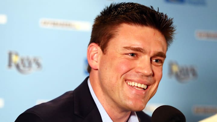 Dec 17, 2019; Tampa, FL, USA; Tampa Bay Rays Sr. Vice President of Baseball Operations and General Manager Erik Neander  talks with media during a press conference at Tropicana Field. 