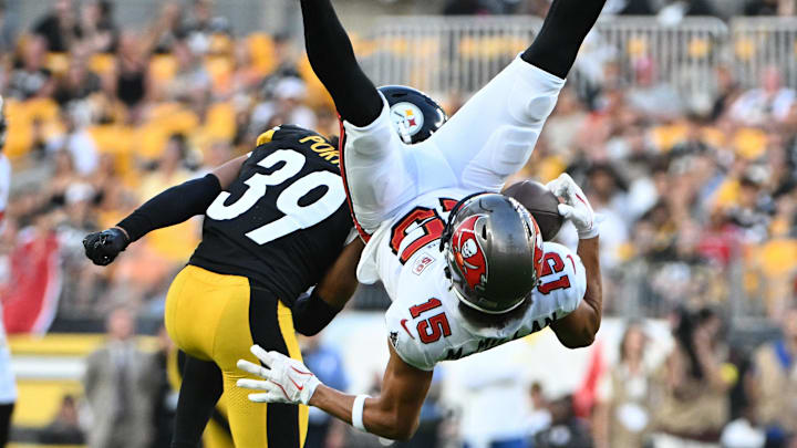 Tampa Bay Buccaneers wide receiver Jalen McMillan makes a catch against Pittsburgh Steelers cornerback Daryl Porter Jr. Tampa Bay Buccaneers wide receiver Jalen McMillan makes a catch against Pittsburgh Steelers cornerback Daryl Porter Jr.