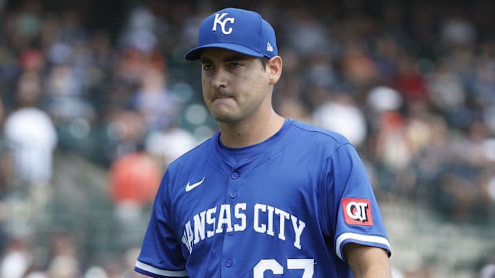 Aug 24, 2025; Detroit, Michigan, USA; Kansas City Royals pitcher Seth Lugo (67) looks on after the first inning against the Detroit Tigers at Comerica Park. Mandatory Credit: Brian Bradshaw Sevald-Imagn Images