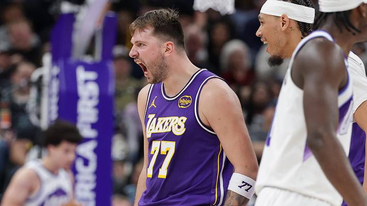Dec 18, 2025; Salt Lake City, Utah, USA; Los Angeles Lakers forward/guard Luka Doncic (77) celebrates after scoring a three point basket during the second half against the Utah Jazz at Delta Center. Mandatory Credit: Chris Nicoll-Imagn Images Dec 18, 2025; Salt Lake City, Utah, USA; Los Angeles Lakers forward/guard Luka Doncic (77) celebrates after scoring a three point basket during the second half against the Utah Jazz at Delta Center. Mandatory Credit: Chris Nicoll-Imagn Images