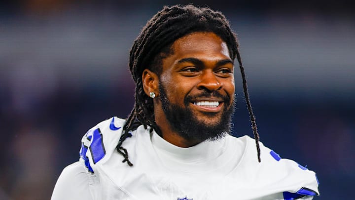 Aug 22, 2025; Arlington, Texas, USA; Dallas Cowboys cornerback Trevon Diggs (7) prior to the game against the Atlanta Falcons at AT&T Stadium.