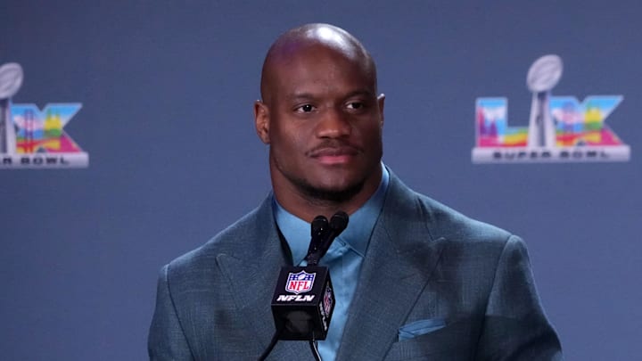 Feb 9, 2026; San Francisco, CA, USA; Seattle Seahawks running back Kenneth Walker III speaks during the Super Bowl LX winning head coach and most valuable player press conference at Moscone Center. Mandatory Credit: Kirby Lee-Imagn Images