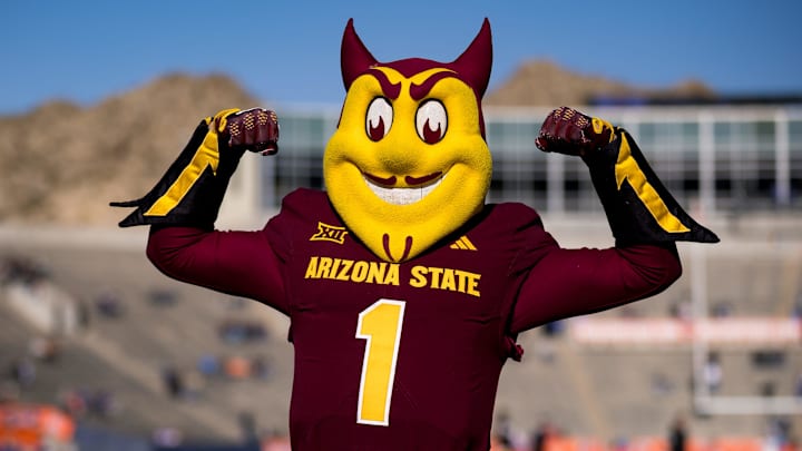 Sparky the Sun Devil poses for a photo as Arizona State warms up before facing Duke in the Tony the Tiger Sun Bowl at Sun Bowl Stadium in El Paso, Texas, on Wednesday, Dec. 31, 2025.