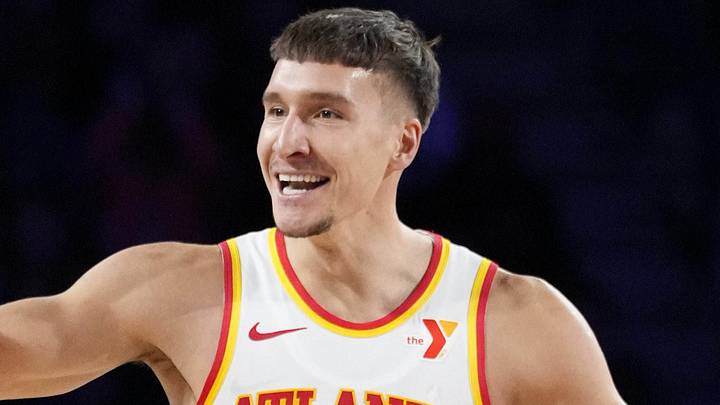 Dec 14, 2024; Las Vegas, Nevada, USA; Atlanta Hawks guard Bogdan Bogdanovic (13) reacts during the first quarter against the Milwaukee Bucks in a semifinal of the 2024 Emirates NBA Cup at T-Mobile Arena. Mandatory Credit: Kyle Terada-Imagn Images Dec 14, 2024; Las Vegas, Nevada, USA; Atlanta Hawks guard Bogdan Bogdanovic (13) reacts during the first quarter against the Milwaukee Bucks in a semifinal of the 2024 Emirates NBA Cup at T-Mobile Arena. Mandatory Credit: Kyle Terada-Imagn Images