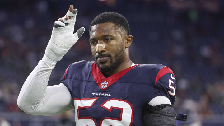 Dec 24, 2023; Houston, Texas, USA; Houston Texans defensive end Jonathan Greenard (52) walks off the field before the game against the Cleveland Browns at NRG Stadium. Mandatory Credit: Troy Taormina-USA TODAY Sports