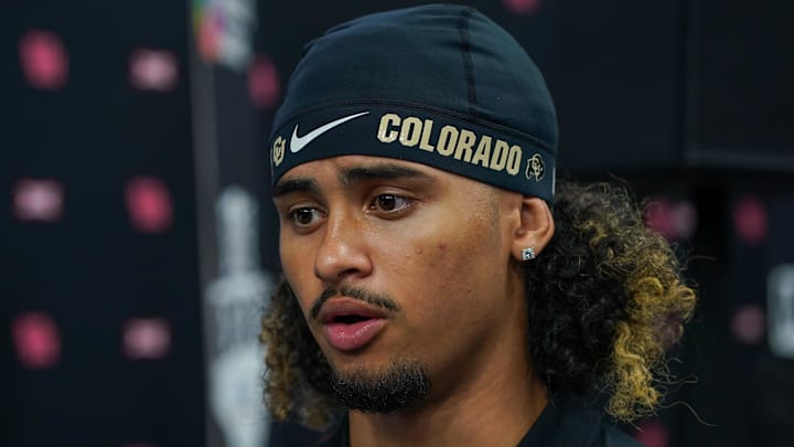 Jul 9, 2025; Frisco, TX, USA; Colorado quarterback Julian Lewis speaks with the media during 2025 Big 12 Football Media Days at The Star. Mandatory Credit: Raymond Carlin III-Imagn Images