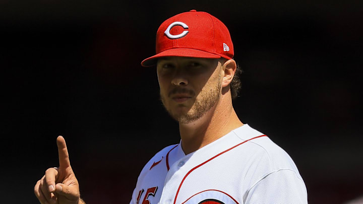 Apr 30, 2026; Cincinnati, Ohio, USA; Cincinnati Reds relief pitcher Emilio Pagan (15) reacts after the victory over the Colorado Rockies at Great American Ball Park. Mandatory Credit: Katie Stratman-Imagn Images