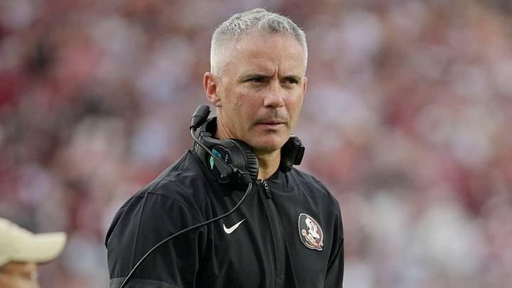 Aug 30, 2025; Tallahassee, Florida, USA; Florida State Seminoles head coach Mike Norvell reacts after a play against the Alabama Crimson Tide during the second half at Doak S. Campbell Stadium. Mandatory Credit: Melina Myers-Imagn Images