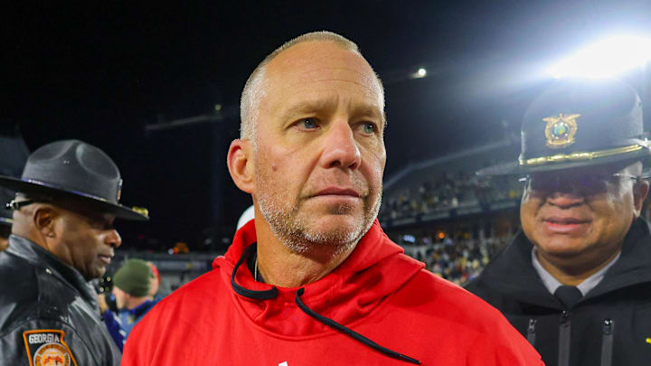 Nov 21, 2024; Atlanta, Georgia, USA; North Carolina State Wolfpack head coach Dave Doeren after a game against the Georgia Tech Yellow Jackets at Bobby Dodd Stadium at Hyundai Field. Mandatory Credit: Brett Davis-Imagn Images