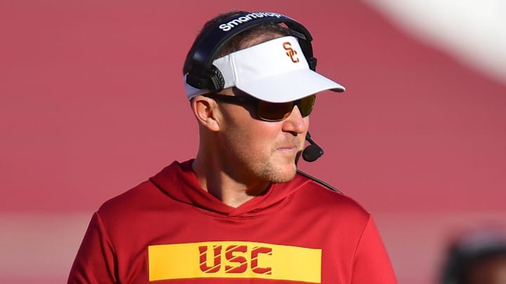 Nov 16, 2024; Los Angeles, California, USA; Southern California Trojans head coach Lincoln Riley watches game action against the Nebraska Cornhuskers during the second half at the Los Angeles Memorial Coliseum. Mandatory Credit: Gary A. Vasquez-Imagn Images