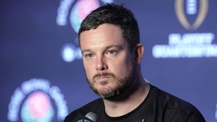 Jan 1, 2025; Pasadena, CA, USA;  Oregon Ducks head coach Dan Lanning speaks in a press conference after the game against the Ohio State Buckeyes in the 2025 Rose Bowl college football quarterfinal game at Rose Bowl Stadium. Mandatory Credit: Kirby Lee-Imagn Images