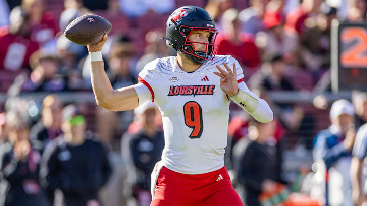 Nov 16, 2024; Stanford, California, USA;  Louisville Cardinals quarterback Tyler Shough (9) throws a pass during the first quarter against the Stanford Cardinal at Stanford Stadium. Mandatory Credit: Bob Kupbens-Imagn Images