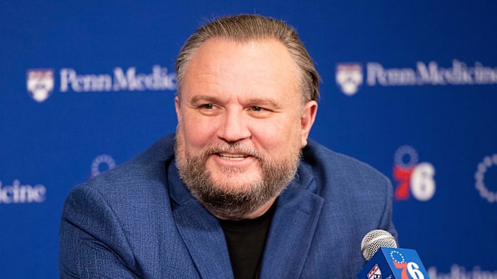 Dec 15, 2023; Philadelphia, Pennsylvania, USA; Philadelphia 76ers resident of Basketball Operations Daryl Morey speaks with the media before a game against the Detroit Pistons at Wells Fargo Center. Mandatory Credit: Bill Streicher-Imagn Images