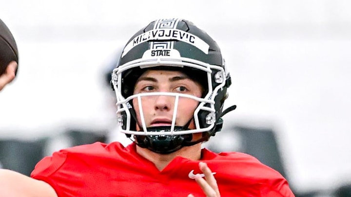 Michigan State's Alessio Milivojevic throws a pass during spring football practice on Tuesday, March 24, 2026, in East Lansing. Michigan State's Alessio Milivojevic throws a pass during spring football practice on Tuesday, March 24, 2026, in East Lansing.