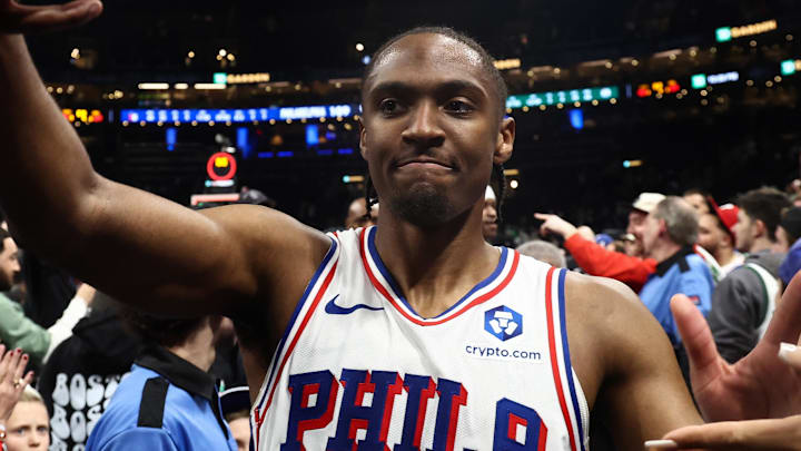 May 2, 2026; Boston, Massachusetts, USA; Philadelphia 76ers guard Tyrese Maxey (0) is congratulated by fans as he leaves the court after their win over the Boston Celtics in game seven of the first round of the 2026 NBA Playoffs at TD Garden. Mandatory Credit: Winslow Townson-Imagn Images