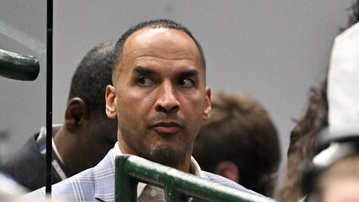 Apr 9, 2025; Dallas, Texas, USA; Dallas Mavericks general manager Nico Harrison during the game between the Dallas Mavericks and the Los Angeles Lakers at American Airlines Center. Mandatory Credit: Jerome Miron-Imagn Images Apr 9, 2025; Dallas, Texas, USA; Dallas Mavericks general manager Nico Harrison during the game between the Dallas Mavericks and the Los Angeles Lakers at American Airlines Center. Mandatory Credit: Jerome Miron-Imagn Images