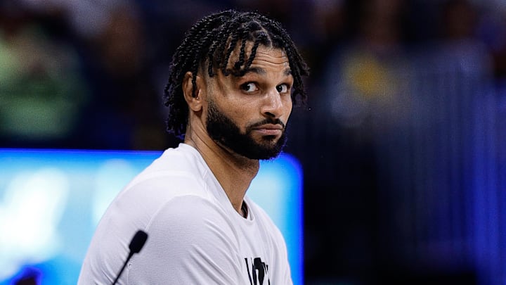 Nov 3, 2025; Denver, Colorado, USA; Denver Nuggets guard Jamal Murray (27) reacts from the sideline after a play in the fourth quarter against the Sacramento Kings at Ball Arena. Mandatory Credit: Isaiah J. Downing-Imagn Images