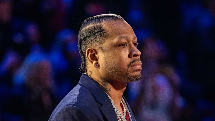 February 20, 2022; Cleveland, Ohio, USA; NBA great Allen Iverson is honored for being selected to the NBA 75th Anniversary Team during halftime in the 2022 NBA All-Star Game at Rocket Mortgage FieldHouse. Mandatory Credit: Kyle Terada-Imagn Images February 20, 2022; Cleveland, Ohio, USA; NBA great Allen Iverson is honored for being selected to the NBA 75th Anniversary Team during halftime in the 2022 NBA All-Star Game at Rocket Mortgage FieldHouse. Mandatory Credit: Kyle Terada-Imagn Images