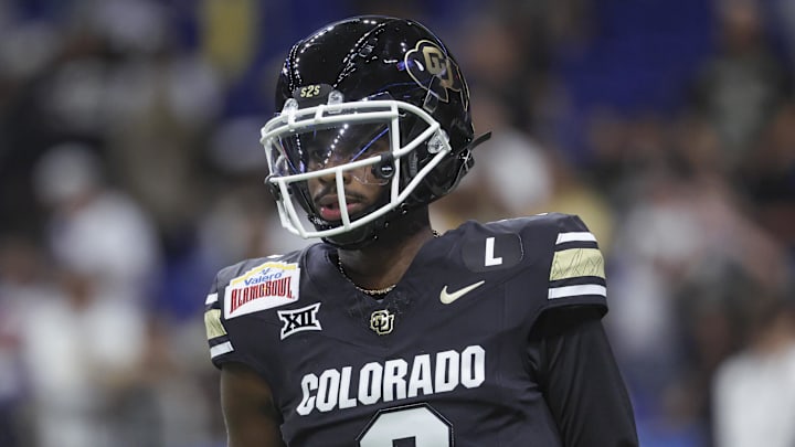 Dec 28, 2024; San Antonio, TX, USA; Colorado Buffaloes quarterback Shedeur Sanders (2) warms up before the game against the Brigham Young Cougars at Alamodome. Mandatory Credit: Troy Taormina-Imagn Images