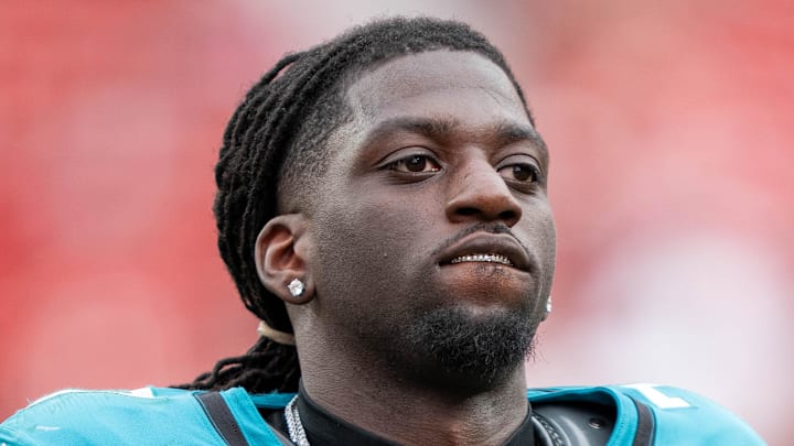 September 28, 2025; Santa Clara, California, USA; Jacksonville Jaguars wide receiver Brian Thomas Jr. (7) after the game against the San Francisco 49ers at Levi's Stadium. Mandatory Credit: Kyle Terada-Imagn Images