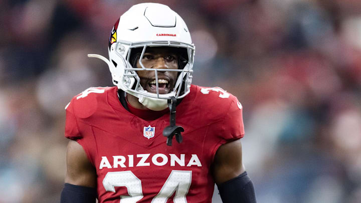 Nov 23, 2025; Glendale, Arizona, USA; Arizona Cardinals safety Jalen Thompson (34) against the Jacksonville Jaguars at State Farm Stadium.