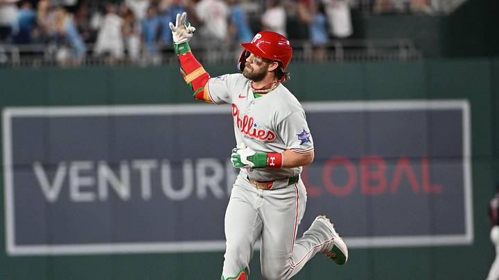 Jun 25, 2026; Washington, District of Columbia, USA; Philadelphia Phillies first baseman Bryce Harper (3) celebrates after hitting a three run home run against the Washington Nationals during the ninth inning at Nationals Park. Mandatory Credit: Brad Mills-Imagn Images
