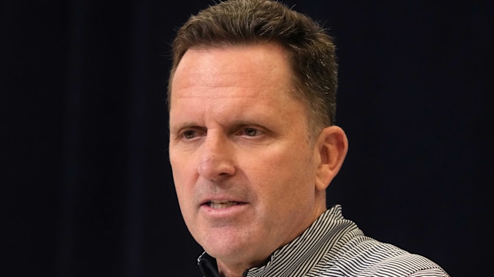 Feb 25, 2025; Indianapolis, IN, USA; Denver Broncos general manager George Paton speaks during the NFL Scouting Combine at the Indiana Convention Center. Mandatory Credit: Kirby Lee-Imagn Images