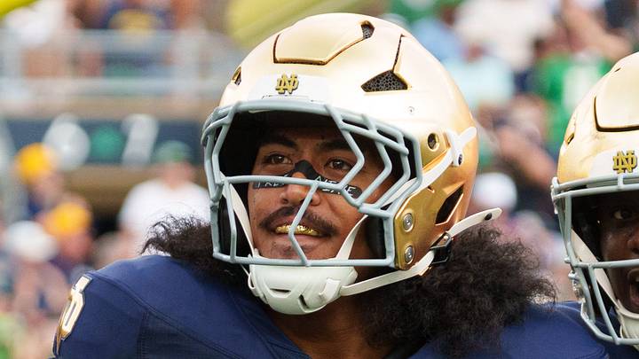 Notre Dame linebacker Kyngstonn Viliamu-Asa (27) celebrates after a turnover during a NCAA football game against Rice at Notre Dame Stadium on Saturday, Sept. 12, 2026, in South Bend. Notre Dame linebacker Kyngstonn Viliamu-Asa (27) celebrates after a turnover during a NCAA football game against Rice at Notre Dame Stadium on Saturday, Sept. 12, 2026, in South Bend.