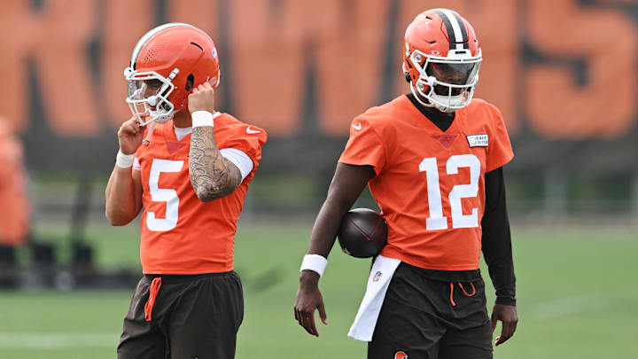 Jun 12, 2025; Berea, OH, USA; Cleveland Browns quarterback Dillon Gabriel (5) and quarterback Shedeur Sanders (12) during mini camp at CrossCountry Mortgage Campus. Mandatory Credit: Ken Blaze-Imagn Images