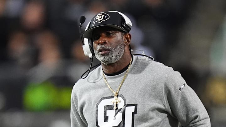 Oct 26, 2024; Boulder, Colorado, USA; Colorado Buffaloes head coach Deion Sanders walks the sidelines in the second half against the Cincinnati Bearcats at Folsom Field. 