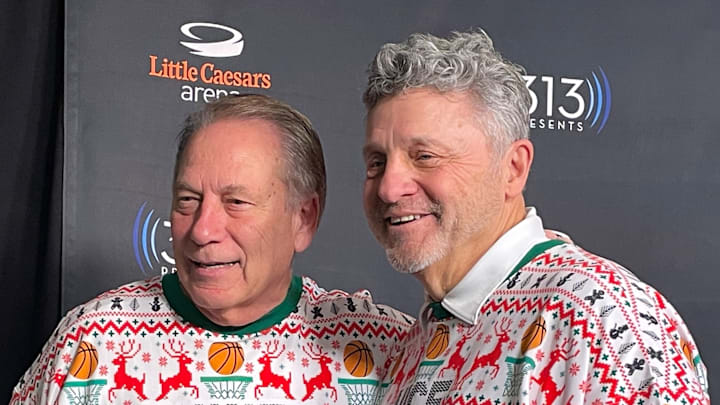Michigan State head coach Tom Izzo, left, and Oakland head coach Greg Kampe, right, pose for a picture following a game at Little Caesars Arena on Saturday, Dec. 20, 2025. MSU won, 79-70.