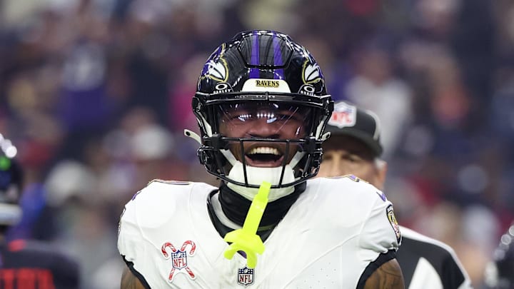 Baltimore Ravens wide receiver Zay Flowers reacts after his first down catch against the Houston Texans. Baltimore Ravens wide receiver Zay Flowers reacts after his first down catch against the Houston Texans.