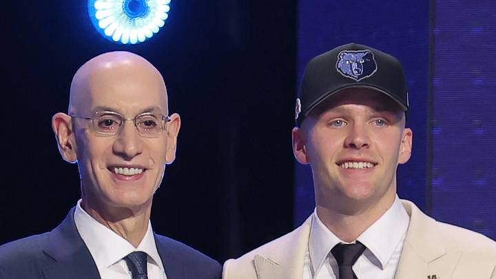 Jun 23, 2026; New York, NY, USA; NBA commissioner Adam Silver greets the sixteenth pick in the 2026 NBA draft, Iowa guard Bennett Stirtz after he was selected by the Memphis Grizzlies at Barclays Center. Mandatory Credit: Brad Penner-Imagn Images
