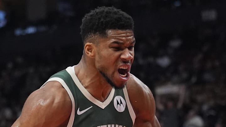 Nov 4, 2025; Toronto, Ontario, CAN; Milwaukee Bucks forward Giannis Antetokounmpo (34) reacts after making a basket against the Toronto Raptors during the first half at Scotiabank Arena on November 4, 2025.