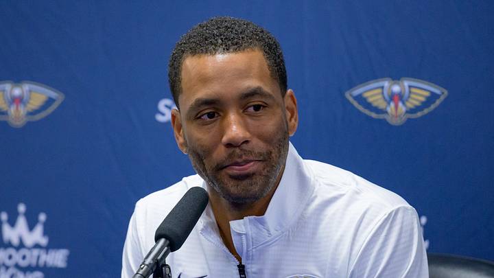 Sep 30, 2024; New Orleans, LA, USA; New Orleans Pelicans general manager Bryson Graham takes part in Pelicans Media Day at the Smoothie King Center. Mandatory Credit: Matthew Hinton-Imagn Images