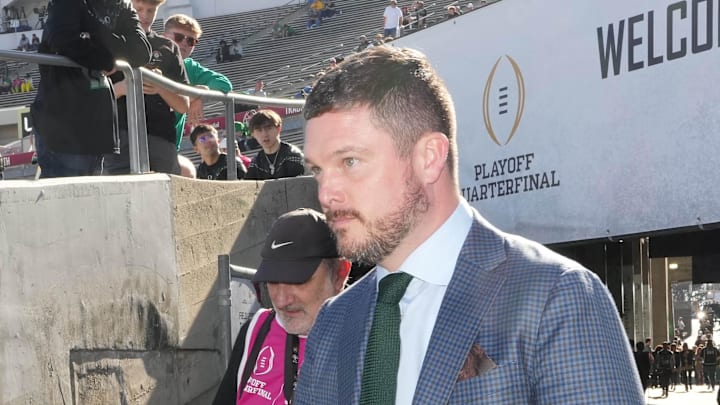 Jan 1, 2025; Pasadena, California, USA; Oregon Ducks coach Dan Lanning arrives before the game against the Ohio State Buckeyes at Rose Bowl Stadium. 