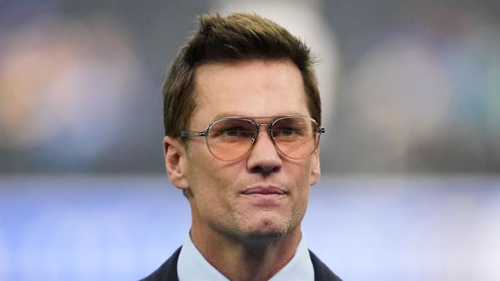 Fox broadcaster Tom Brady is seen prior to the game between the Detroit Lions and the Los Angeles Rams.