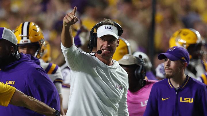LSU Tigers head coach Lane Kiffin reacts during the second half against the Texas A&M Aggies at Tiger Stadium.  