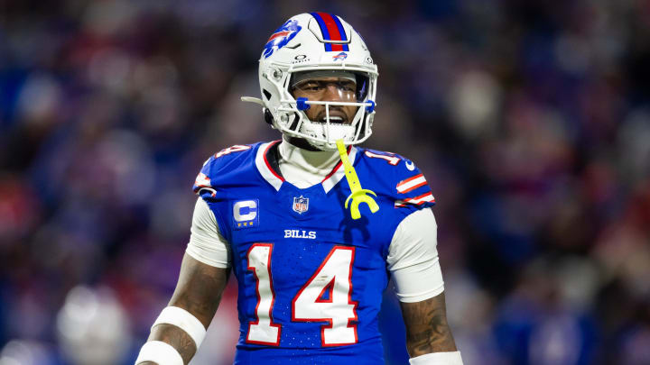 Jan 21, 2024; Orchard Park, New York, USA; Buffalo Bills wide receiver Stefon Diggs (14) against the Kansas City Chiefs in the 2024 AFC divisional round game at Highmark Stadium. Mandatory Credit: Mark J. Rebilas-USA TODAY Sports Jan 21, 2024; Orchard Park, New York, USA; Buffalo Bills wide receiver Stefon Diggs (14) against the Kansas City Chiefs in the 2024 AFC divisional round game at Highmark Stadium. Mandatory Credit: Mark J. Rebilas-USA TODAY Sports
