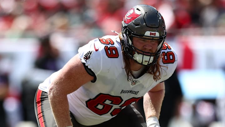 Sep 29, 2024; Tampa, Florida, USA; Tampa Bay Buccaneers guard Cody Mauch (69) lines up against the Philadelphia Eagles in the first quarter at Raymond James Stadium. Mandatory Credit: Nathan Ray Seebeck-Imagn Images
